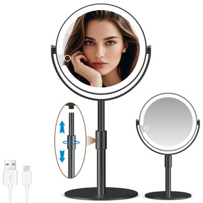 MOMOKUBA Magnifying Mirror with Light 20X, Lighted Makeup Mirror and Magnification, Height Adjustable &amp; 2-Sided Light up Mirror, 3 Color Lights Vanity Mirror for Detail Makeup on Desk Mirror, Black