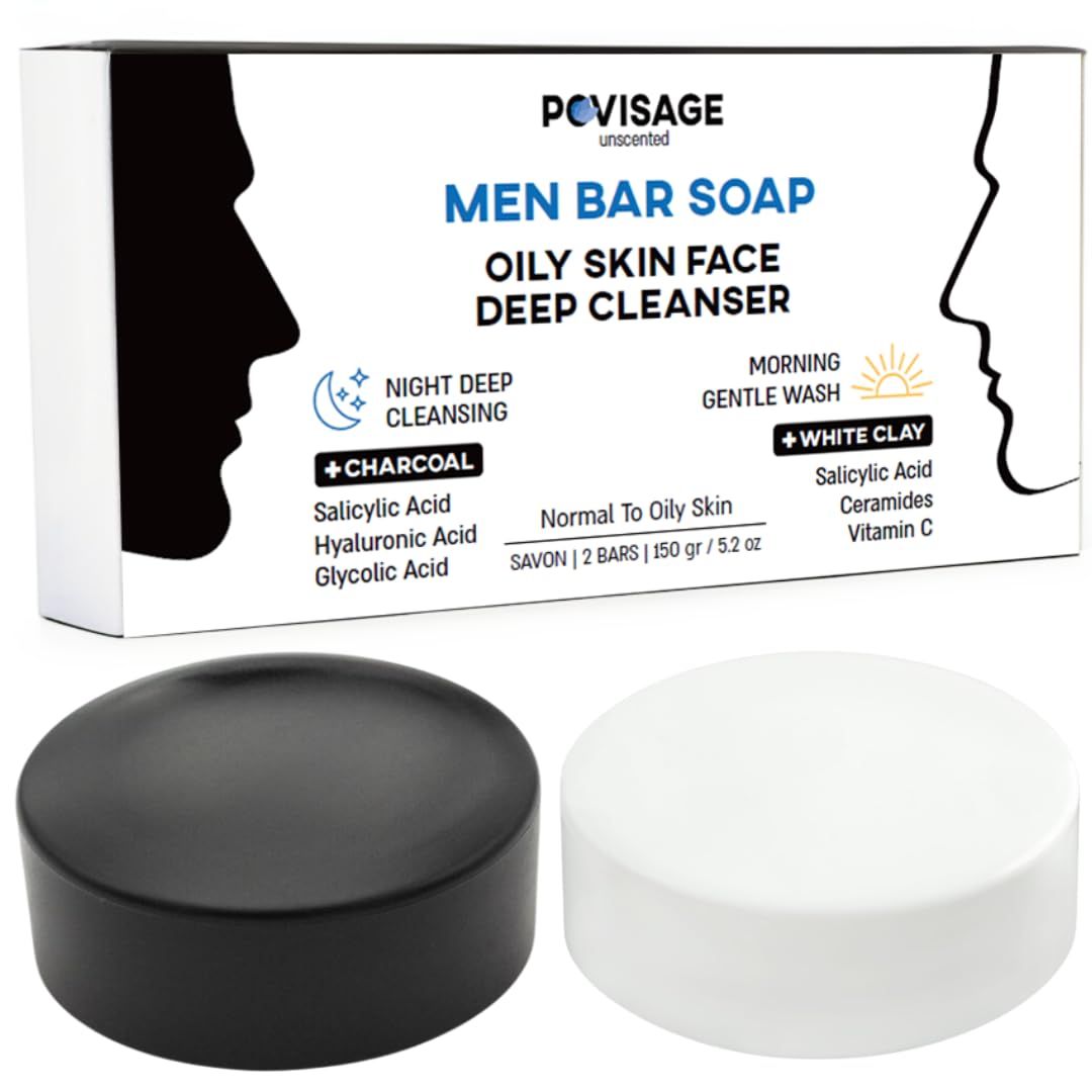 POVISAGE Salicylic Acid Men Face Bar Soap for Oily Skin - Day White Clay for Gentle Exfoliation &amp; Night Charcoal for Deep Cleansing - 2 Bars