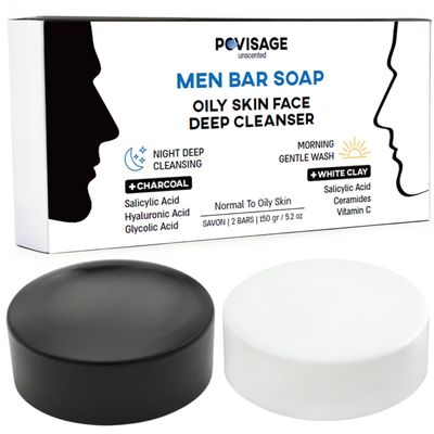 POVISAGE Salicylic Acid Men Face Bar Soap for Oily Skin - Day White Clay for Gentle Exfoliation &amp; Night Charcoal for Deep Cleansing - 2 Bars