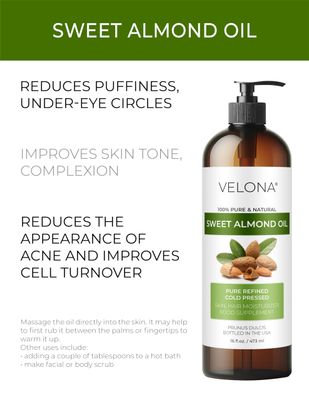 velona Sweet Almond Oil - 16 oz | 100% Pure and Natural Carrier Oil | Refined, Cold Pressed | Skin, Hair, Body & Face Moisturizing | Use Today - Enjoy Results