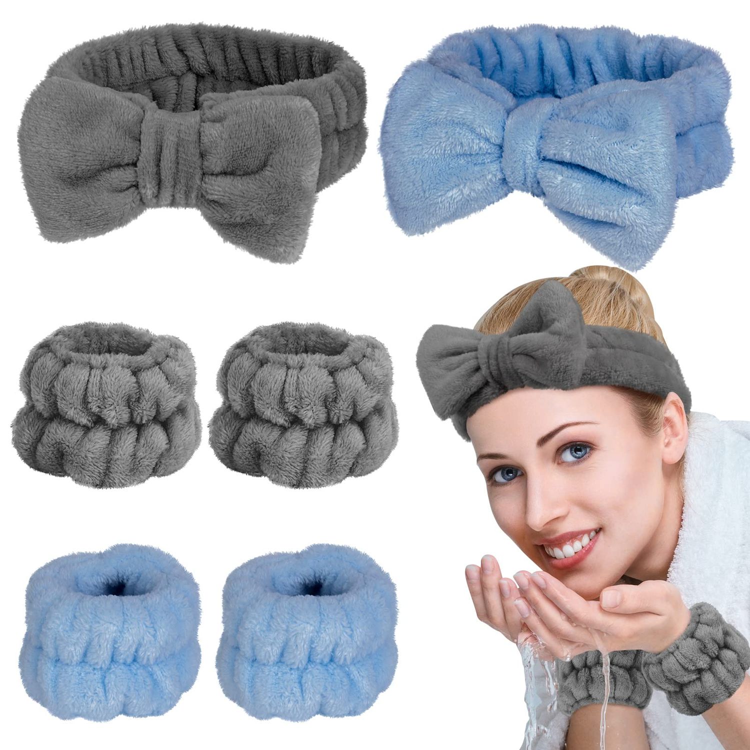 Zealoire 6 Pcs Spa Headband Wristband Set for Washing Face, Makeup Headband Skincare Headband Wrist Bands for Washing Face Wristbands (Grey, Blue)
