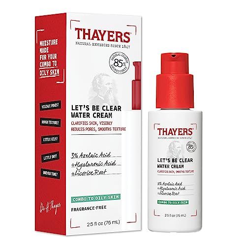 THAYERS Let&#39;s Be Clear Water Face Cream, Moisturizer with Azelaic Acid and Hyaluronic Acid, Skin Care for Combination to Oily Skin, 2.5 Oz
