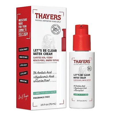 THAYERS Let&#39;s Be Clear Water Face Cream, Moisturizer with Azelaic Acid and Hyaluronic Acid, Skin Care for Combination to Oily Skin, 2.5 Oz