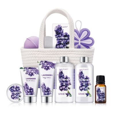 Spa Gift Baskets for Women - Body &amp; Earth 11pcs Lavender Gift Sets with Bubble Bath, Shower Gel, Body Lotion, Birthday Gifts for Women, Spa Kit for Mom Gifts, Purple Gifts