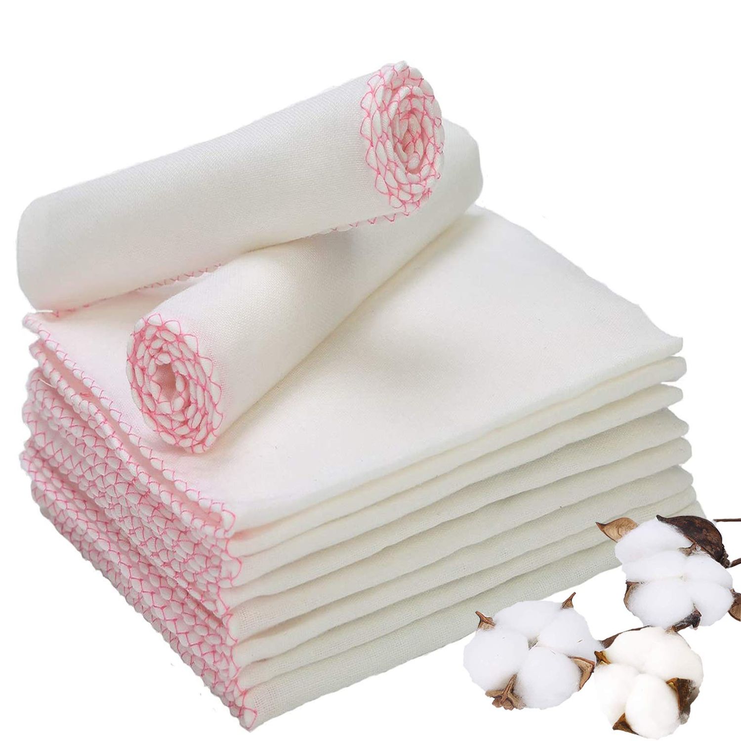 Yaosan Pack 20 Eco Friendly Muslin Face Cloths Soft Cotton Reusable Facial Cleansing Cloths Remover Face Muslin Pack (Pink Edge)