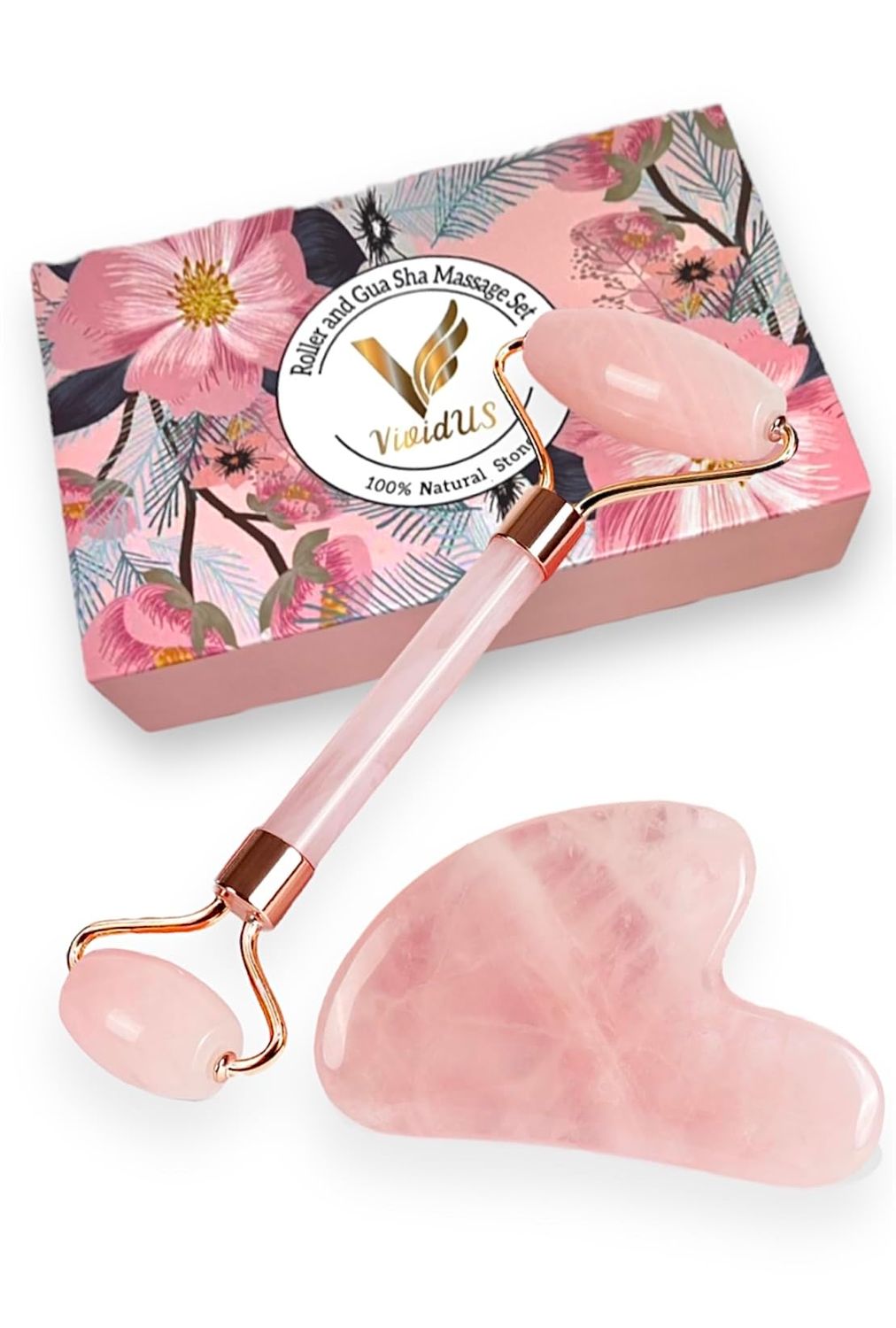 VIVIDUS Gua Sha and Jade Roller Set for Facial Massage, Improve Wrinkles, Reduce Puffiness and Redness, Gua Sha Stone Self Care Gift Set for Women Men, Pink