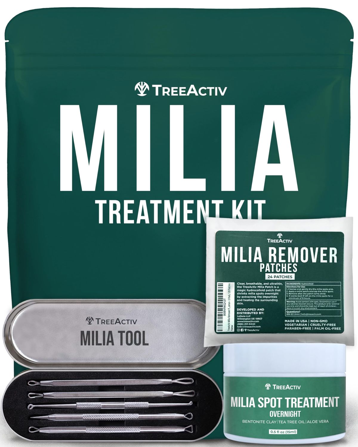TreeActiv Milia Spot Treatment 3 Items Tool Kit, Pure Eye Milia Remover Treatment, Includes 0.5oz Overnight Milia Remover Cream with Bentonite Clay and Aloe Vera, Milia Extractor Tool Kit Acne Treat