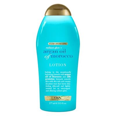 OGX Radiant Glow + Argan Oil of Morocco Extra Hydrating Body Lotion for Dry Skin, Nourishing Creamy Body &amp; Hand Cream for Silky Soft Skin, Paraben-Free, Sulfated-Surfactants Free, 19.5 fl oz