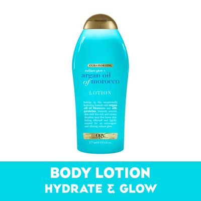 OGX Radiant Glow + Argan Oil of Morocco Extra Hydrating Body Lotion for Dry Skin, Nourishing Creamy Body & Hand Cream for Silky Soft Skin, Paraben-Free, Sulfated-Surfactants Free, 19.5 fl oz