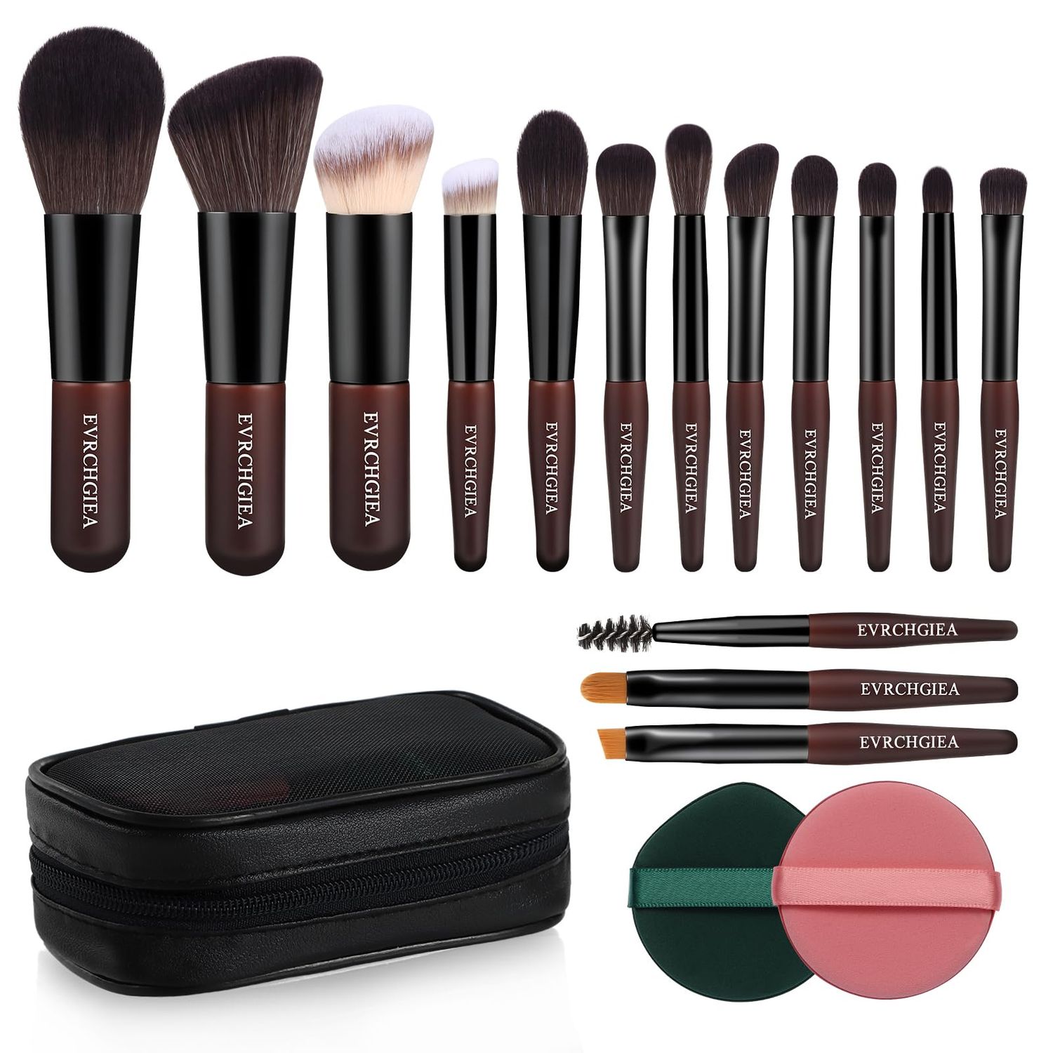 Travel Makeup Brush Set, 15 pcs Mini Makeup Brushes and 2 Puff for Foundation, Powder, Eyeshadow, Highlight, Contour, Blush &amp; Concealer, Small Makeup Brush Set Purse Size with Case