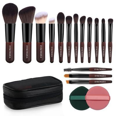 Travel Makeup Brush Set, 15 pcs Mini Makeup Brushes and 2 Puff for Foundation, Powder, Eyeshadow, Highlight, Contour, Blush &amp; Concealer, Small Makeup Brush Set Purse Size with Case