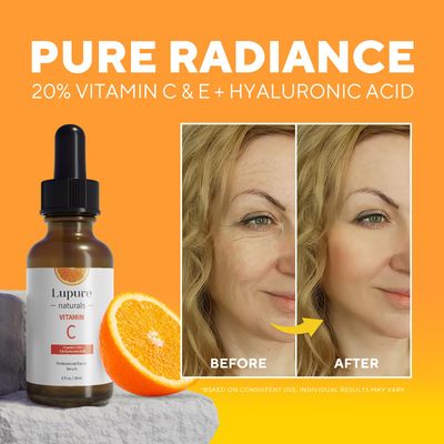 Lupure Professional Vitamin C Face Serum 20%, Anti Aging Facial Super Vit C Serum with Ascorbic Acid Hyaluronic Acid & Vitamin E for Dark Spots, Skin Care, Christmas Gift & Stocking | 1 Fl. Oz