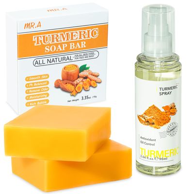 MR.A Turmeric Soap Bar and Turmeric Facial mist, 2PCS Organic Tumeric Soap for Face and Body, Lemon Natural Turmeric bar Soap with Vitamin C, 1PC Turmeric Antibacterial Face Spray Turmeric Face Wash