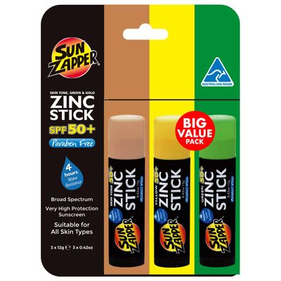 Sun Zapper Zinc Oxide Sunscreen - Skin Tone, Green &amp; Gold - SPF 50+ Very High Sun Protection Waterproof Sunblock for Face &amp; Body, Adults, Kids, Baby - Travel Stick