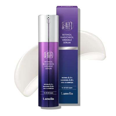 Lamelin Wrinkle Serum Cream, Retinol &amp; Bakuchiol &amp; Niacinamide, 10 Vitamins &amp; Herbs, Antioxidant, Eye Bag Dark Neck Correction, Day &amp; Night Skin Brightening, 1.76 Fl Oz. Made in Korea