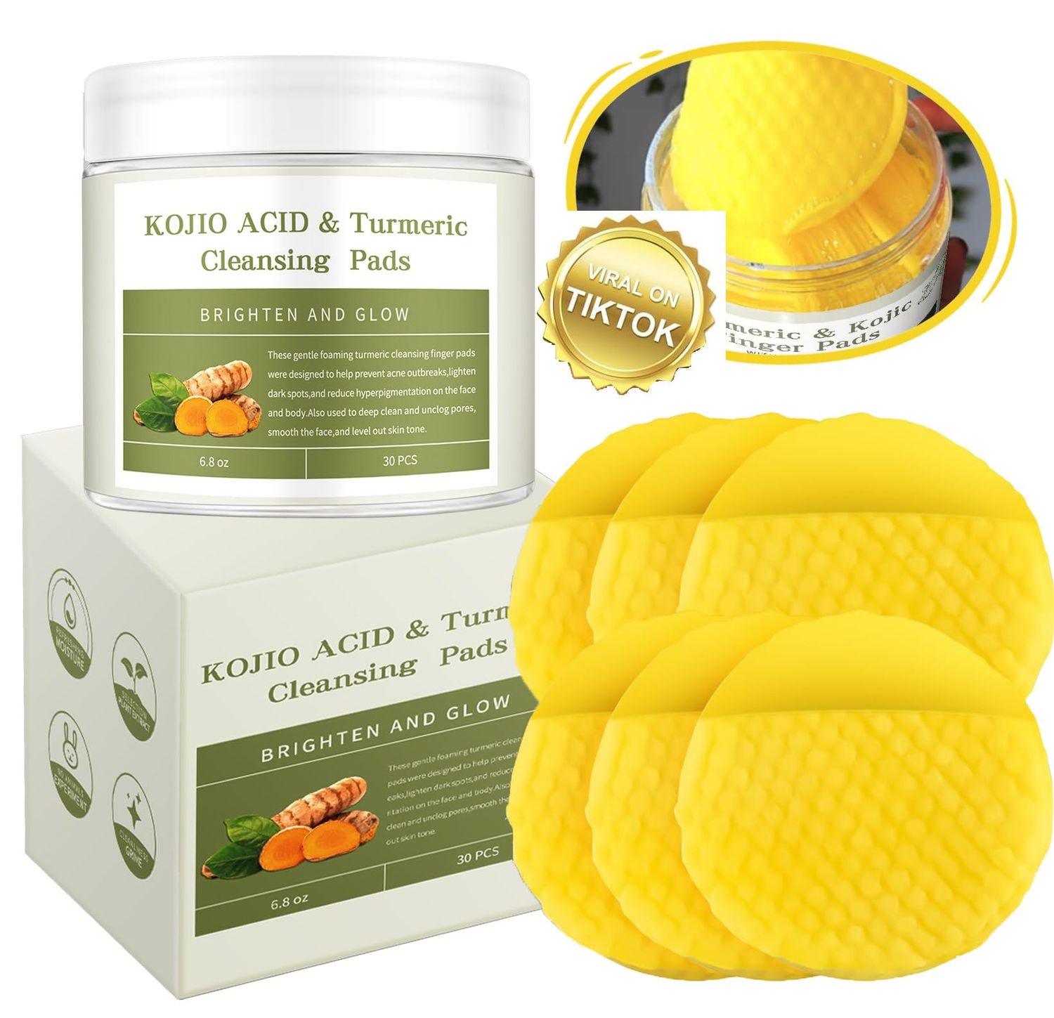 Kojic Acid and Turmeric Skin Cleaning Wipes, Kojic Acid and Turmeric Cleansing Pads, Turmeric Kojic Acid Cleansing Pads with Vitamin B5, Vitamin C Turmeric, Face Pads, Skin Cleaning Wipes-30pcs