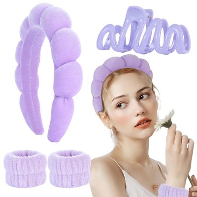 LOVNFC spa headband for washing face purpleset with 1 makeup headband &amp; hair claw clips &amp; 2 wrist band for women make up cute fluffy skincare headband christmas gift set for girls