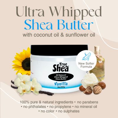 True Shea - Moisturizing African Whipped Shea Butter, Vanilla, All-Natural Skincare Must-Have, Made from Unrefined Raw Shea Butter Enriched with Sunflower & Coconut Oil for Skin, No Parabens, 8 oz
