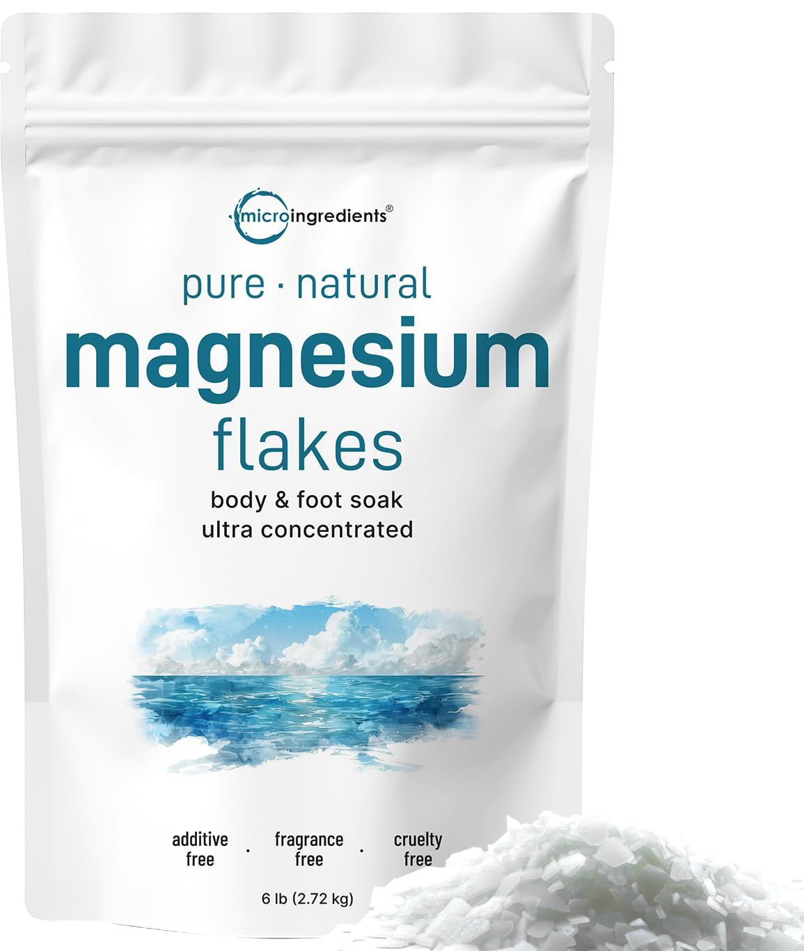 Micro Ingredients Magnesium Flakes, 6lbs | Great Alternative to Epsom Salt for Foot &amp; Body Bath Soaks | High Absorption | Natural Magnesium Chloride Minerals | Relaxation &amp; Skin Hydration Support