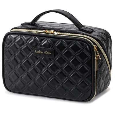 PACKISM PU Leather Cosmetic Bags for Women - Plaid Open Flat Travel Cosmetic Case with Compartments, Brush Holder Handle, Waterproof Skincare Bag Fits Travel Bathroom Cruise, Black (L)