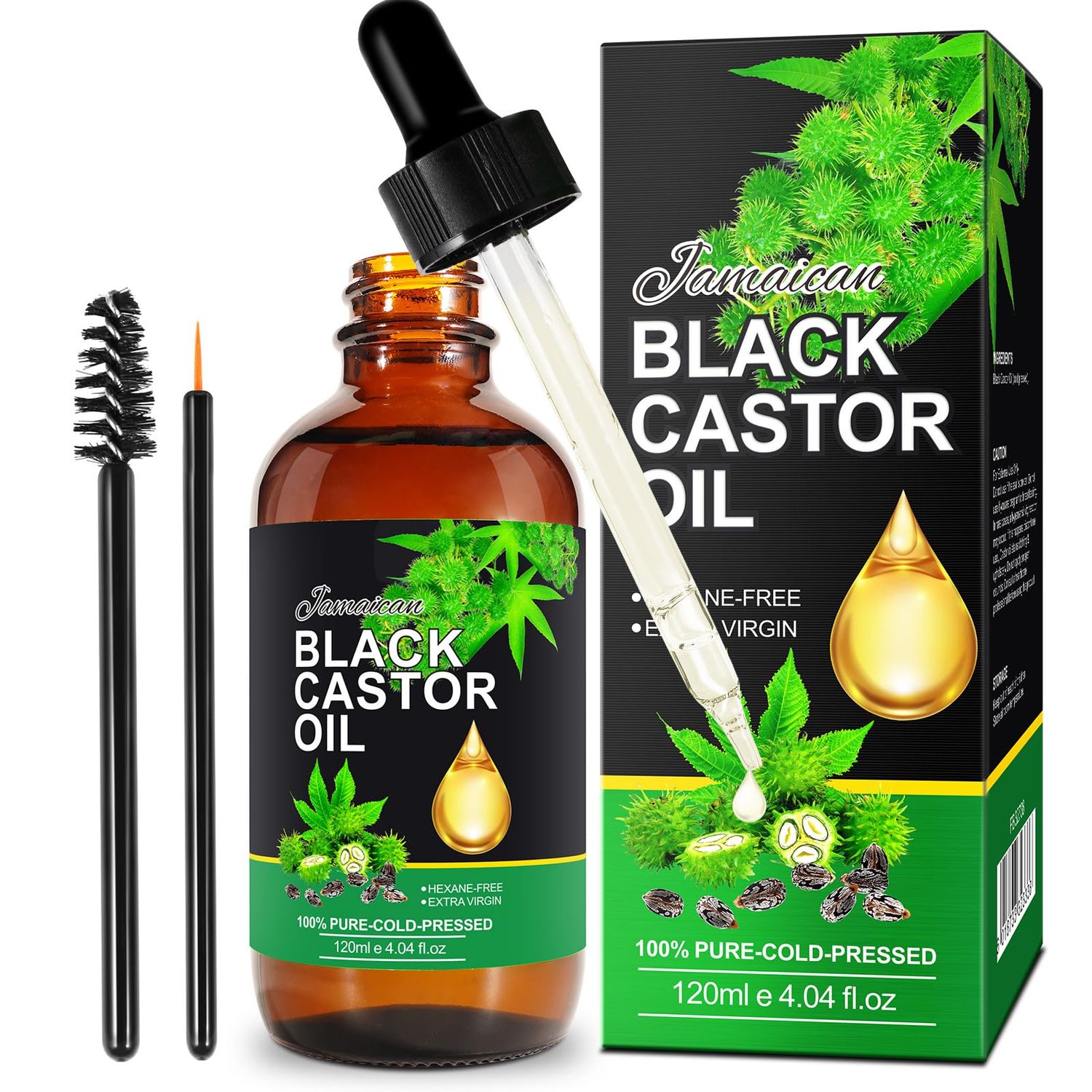 Organic Castor Oil 4Fl Oz, Jamaican Black Castor Oil, Cold Pressed Unrefined Castor Oils for Hair Growth &amp; Skin Care, Nourish Eyelashes and Eyebrows - Glass Bottle