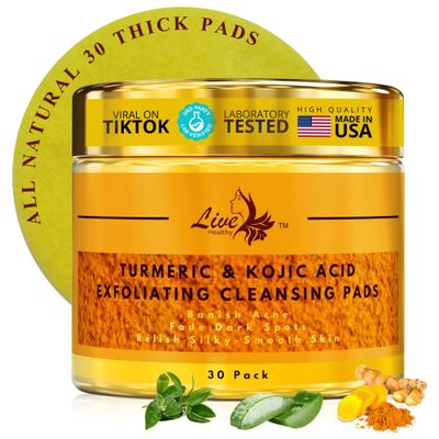 Live Healthy The Original Kojic Acid &amp; Turmeric Cleansing Pads - Exfoliating, Brightening, Facial Radiance Pads, Acne Scars - Turmeric Cleansing Pads for Dark Spots - Made in USA - 30 Count