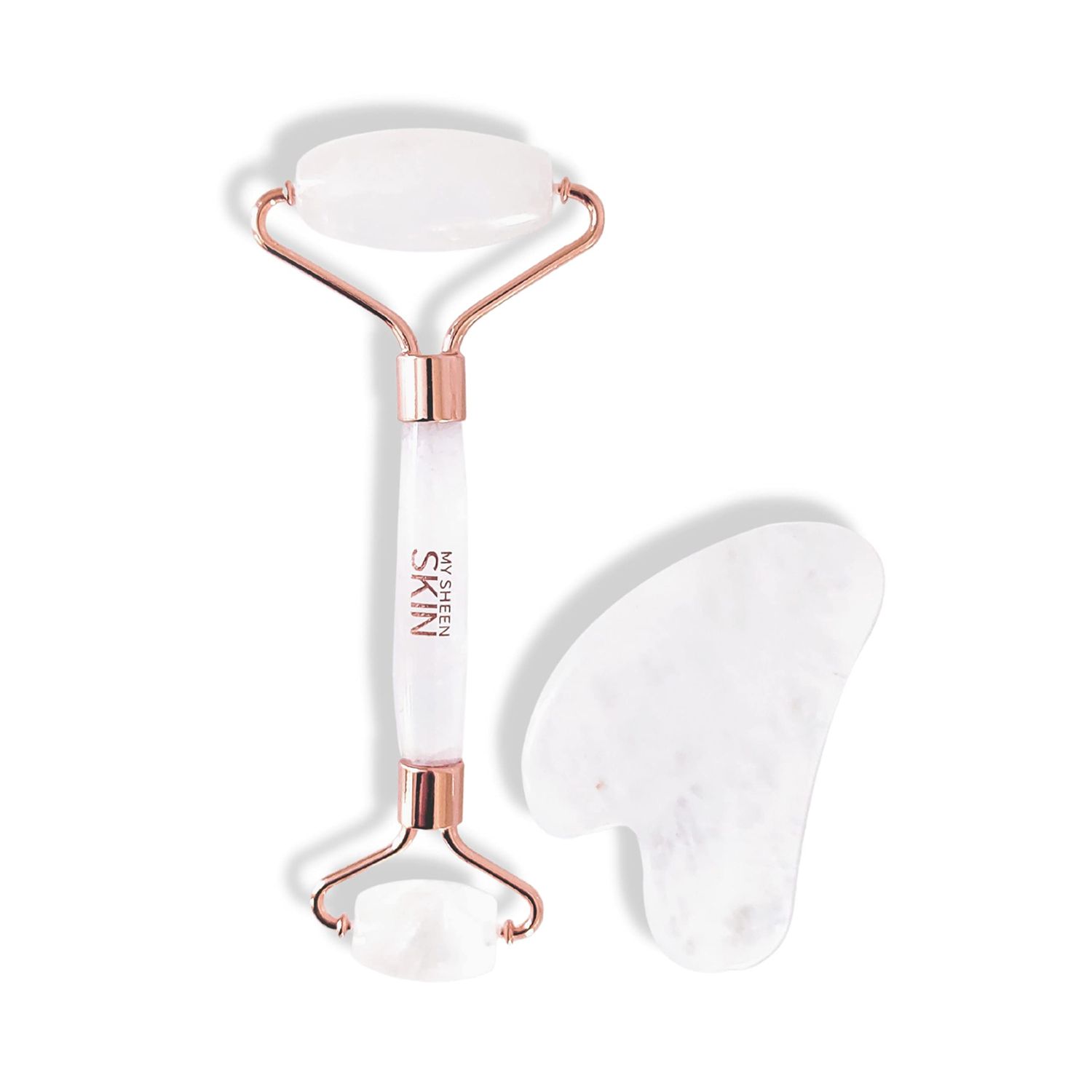 MY SHEEN SKIN Cristy Premium Face Roller &amp; Gua Sha Set, Jade Roller Beauty Massage Tool, for Face, Neck and Body Muscle Relaxing, Relieve Fine Lines and Wrinkles Crystal Clear Quartz (White)