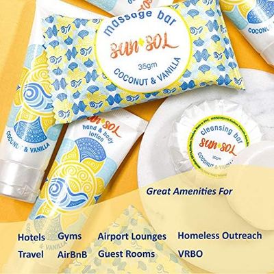 World Amenities Sun + Sol Bulk Moisturizing Massage Bar with Warm Coconut &amp; Vanilla Fragrances, Sachet Wrapped Travel Size Toiletries
