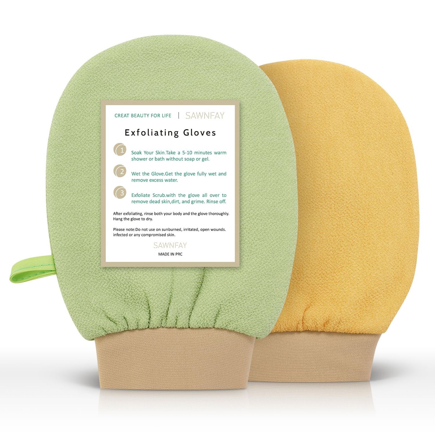 Sawnfay Exfoliating Glove 2 pcs, Exfoliating Mitt for Bath and Shower, 100% Vegan Viscose exfoliating body scrubber, Dead Skin Remover &amp; Body Scrubber Exfoliator, (Beige&amp;Green)