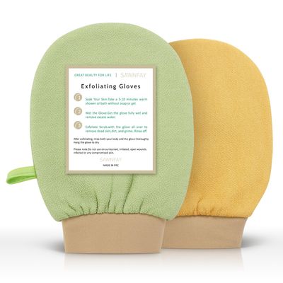 Sawnfay Exfoliating Glove 2 pcs, Exfoliating Mitt for Bath and Shower, 100% Vegan Viscose exfoliating body scrubber, Dead Skin Remover &amp; Body Scrubber Exfoliator, (Beige&amp;Green)