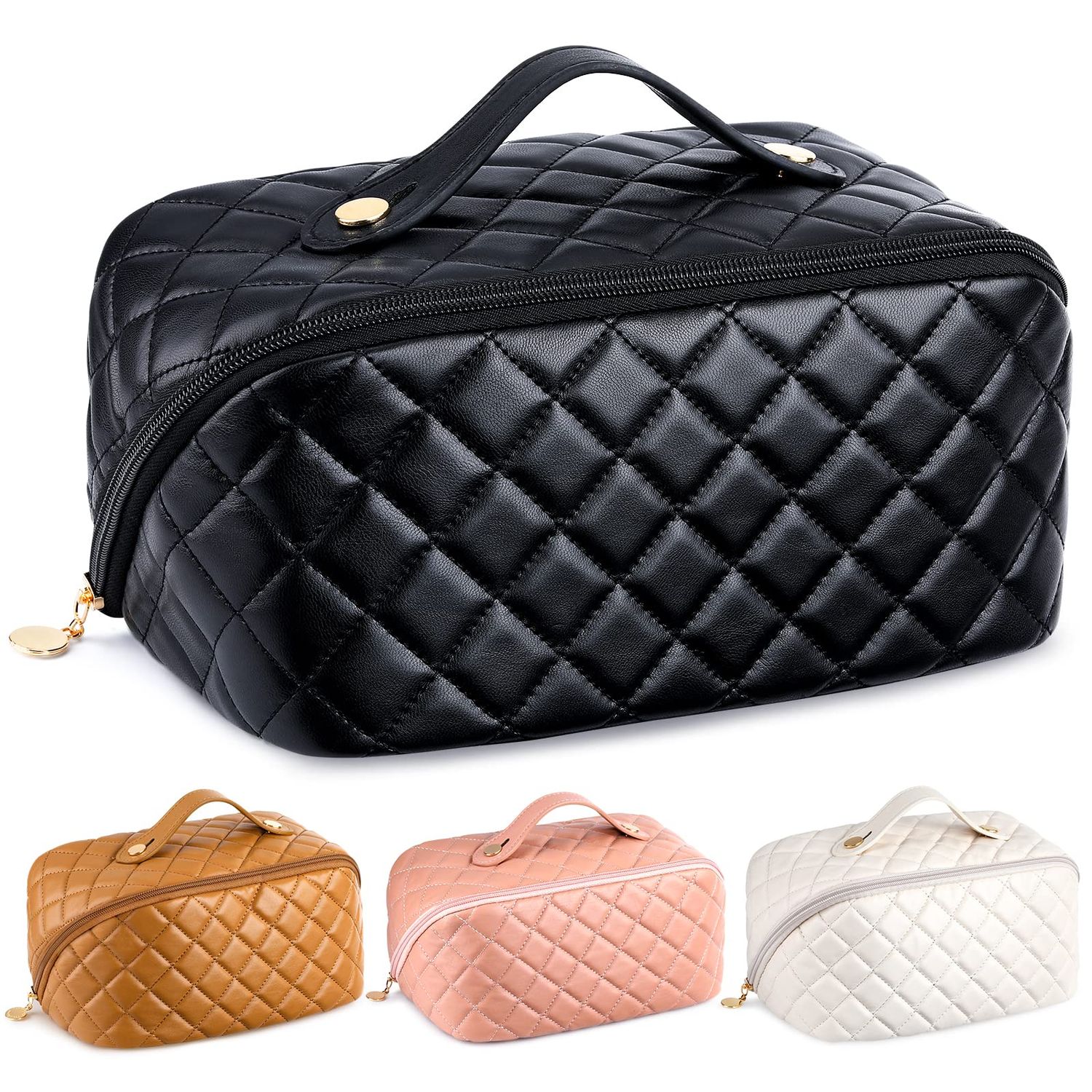 Large Capacity Travel Cosmetic Bag Portable PU Leather Waterproof Travel Makeup Bag Flat Open Bag with Handle Cosmetic Bag Skincare Toiletry Bag for Women Birthday Fall Thanksgiving Christmas Gifts