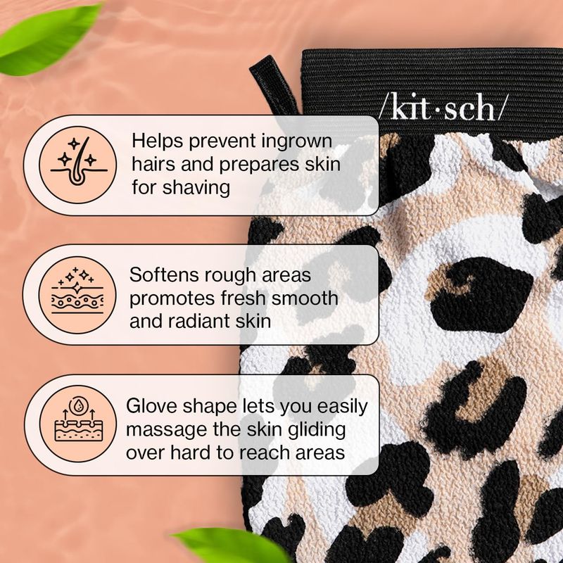 Kitsch Deep Exfoliating Glove, Eco Friendly Exfoliating Body Scrubber, Dead Skin Remover &amp; Body Scrubber Exfoliator, Body Scrub Mitt for Skin Cell Renewal, Body Exfoliating Gloves for Shower, Leopard