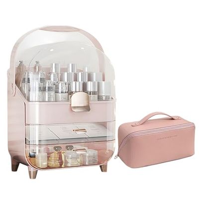 Makeup Organizer and Cosmetic Bag,2 Drawer Skincare Organizers with Transparent Lid,Large Capacity Travel Makeup Organizers for Vanity Bathroom Countertop,Birthday Gifts for Vanity Women Girls,Pink
