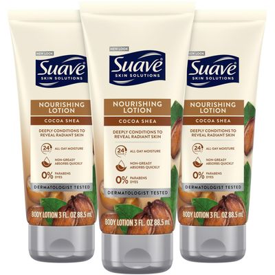 Suave Lotion, Cocoa Butter Shea - Nourishing Hand &amp; Body Lotion, Travel-Size Lotion for Extremely Dry Skin, Moisturizing Cream for Glowing Skin, 24H Moisture, 3 Oz (Pack of 3)