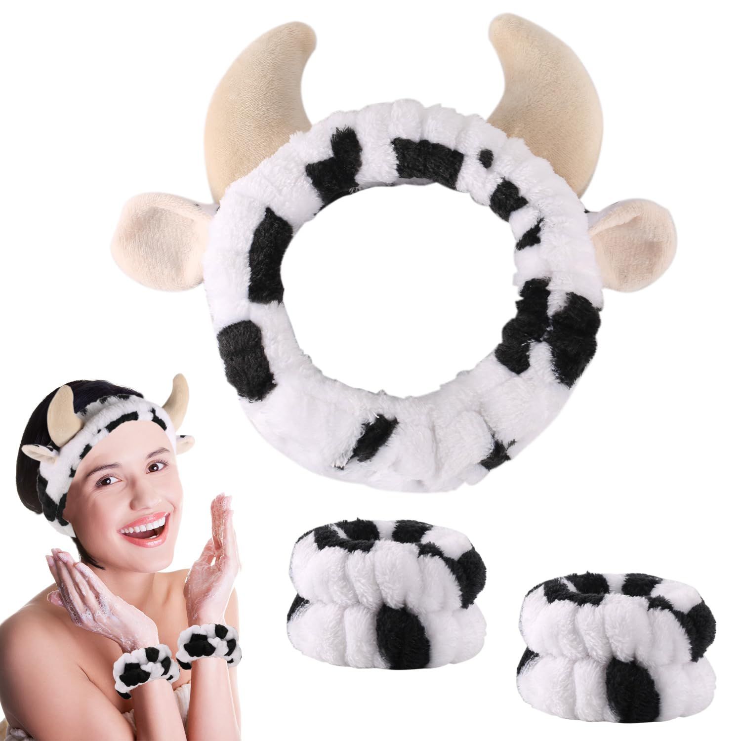 lasuroa Cow Headband with 2pcs Cow Print Wristband, Cute Cow Print Face Wash Headband Spa Makeup Hair Bands Facial Skincare Head Wraps for Women Girls Clothing Party Supplies Birthday Gifts