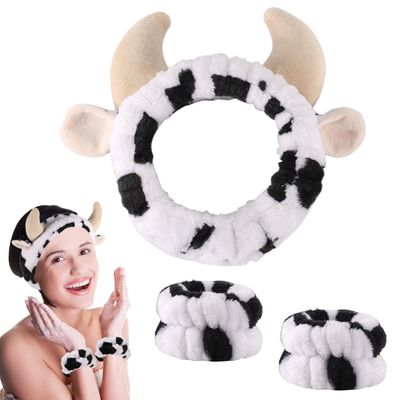 lasuroa Cow Headband with 2pcs Cow Print Wristband, Cute Cow Print Face Wash Headband Spa Makeup Hair Bands Facial Skincare Head Wraps for Women Girls Clothing Party Supplies Birthday Gifts
