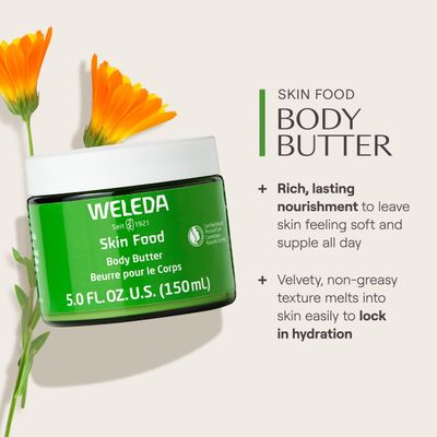Weleda Skin Food Body Butter 5 Fluid Ounce, Sustainable Glass Jar, Plant Rich Hydrating Moisturizer with Shea and Cocoa Butter, Sweet Almond Oil and Pansy