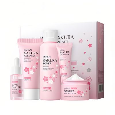 XJBD Travel Skincare Set for Women, After Shower Skin Moisturizing Cleaning &amp; Care Kit for Teens, Vitamin C JAPAN SAKURA Hydration Beauty Kit | Cleanser Toner Serum Eye Cream Face Cream (5PCS)