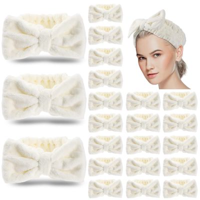 Yunlly 20 Pcs Spa Headband for Women 4 Inches Width Facial Makeup Hair Band Bulk Skincare Headbands for Washing Face Bowtie Headband Slumber Party Supplies Fluffy Head Wraps(Beige)