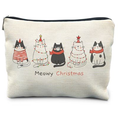RYYCDOI Cat Christmas Makeup Bag, Meowy Christmas Cat Cosmetic Bags for Women, Funny Cat Christmas Gifts for Women Girls, Cute Christmas Zipper Pouch Makeup Pouch