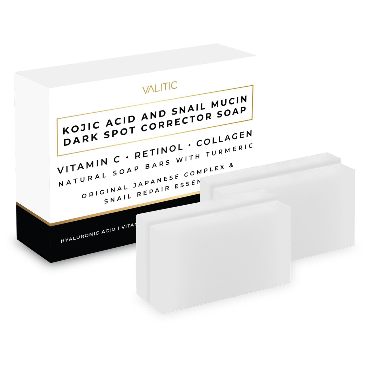 VALITIC Snail Mucin Kojic Acid Bar Soap Dark Spot Corrector - with Snail Secretion for Intense Hydration and Moisturization - 4 Pack