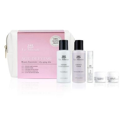 Le Mieux Age-Defying Beauty Essentials for Dry Skin - 5-Piece Luxury Skincare Facial Set - Peptide Foam Cleanser, Essence Toner, Collagen Peptide Serum, Eye Wrinkle Corrector &amp; 24 Hr Age Defying Cream