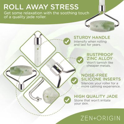 Jade Roller and Gua Sha Set - 100% Natural Jade Stone Face Roller, Dual Sided Massage Roller Stimulates Blood Flow, Relieves Stress, Reduces Signs of Aging, Travel Pouch Included, Gift Box