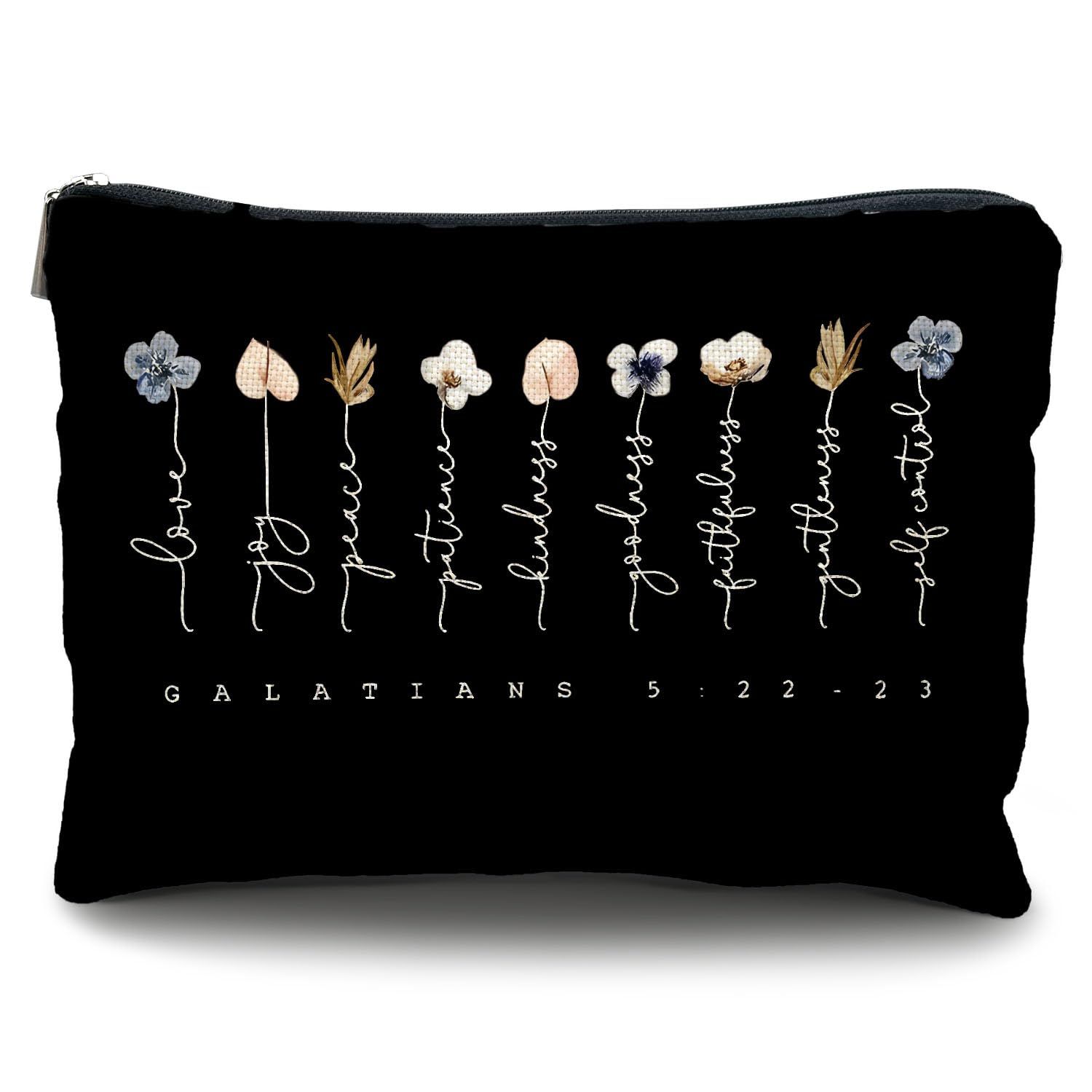 Likjad Christian Flower Makeup Bag,Galatians 5:22-23,Fruit of the Spirit,Christian Gifts for Women Girl,Bible Verse Gifts,Inspirational Gifts for Women Girls,Bible Verse Cosmetic Bag(black)