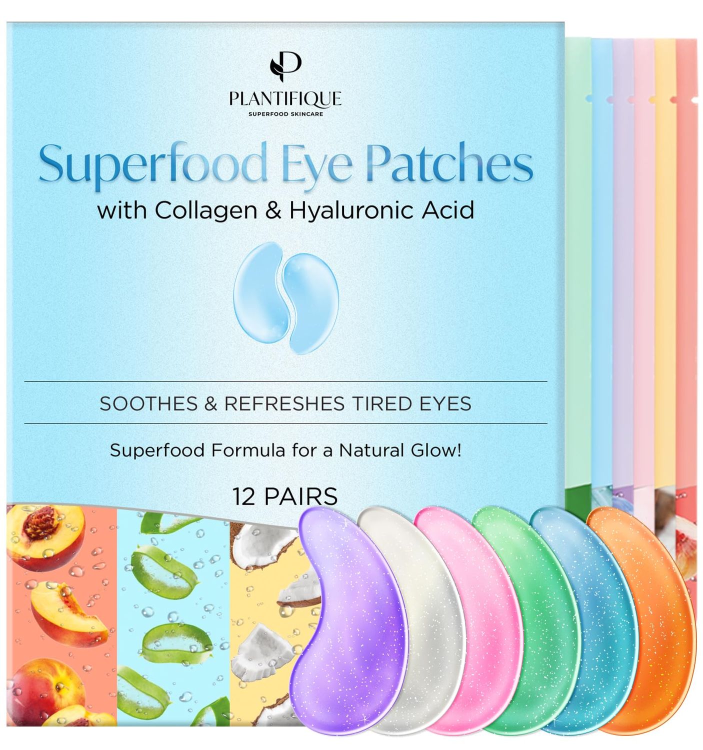 PLANTIFIQUE Superfood Under Eye Patches Dark Circle 12 Pairs with Hyaluronic Acid, Green Tea Collagen Coconut Eye Mask for Dark Circles - Puffy Eyes Skincare Gel Patches Anti-Aging for Women &amp; Men