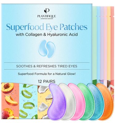 PLANTIFIQUE Superfood Under Eye Patches Dark Circle 12 Pairs with Hyaluronic Acid, Green Tea Collagen Coconut Eye Mask for Dark Circles - Puffy Eyes Skincare Gel Patches Anti-Aging for Women &amp; Men