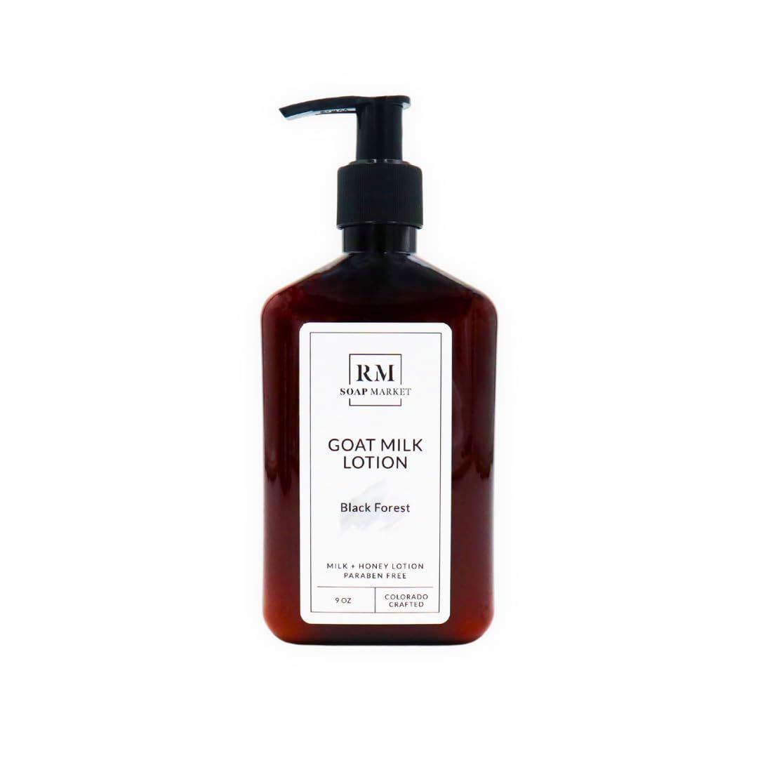 RM Soap Market Goat Milk Lotion, Black Forest Fragrance, Hydrating Lotion for Men and Women, Infused With Nourishing Goat Milk, Shea Butter, Sunflower Oil, and Aloe, Soft Amber Scent, 9 Oz