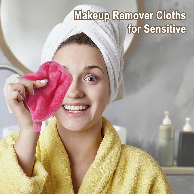 KODAMO Makeup Remover Cloth, Reusable Makeup Remover Pads Washable Travel Bag, Microfiber Makeup Removal Face Wash Cloths with Just Water, Gentle Soft,12 Pack, Pink