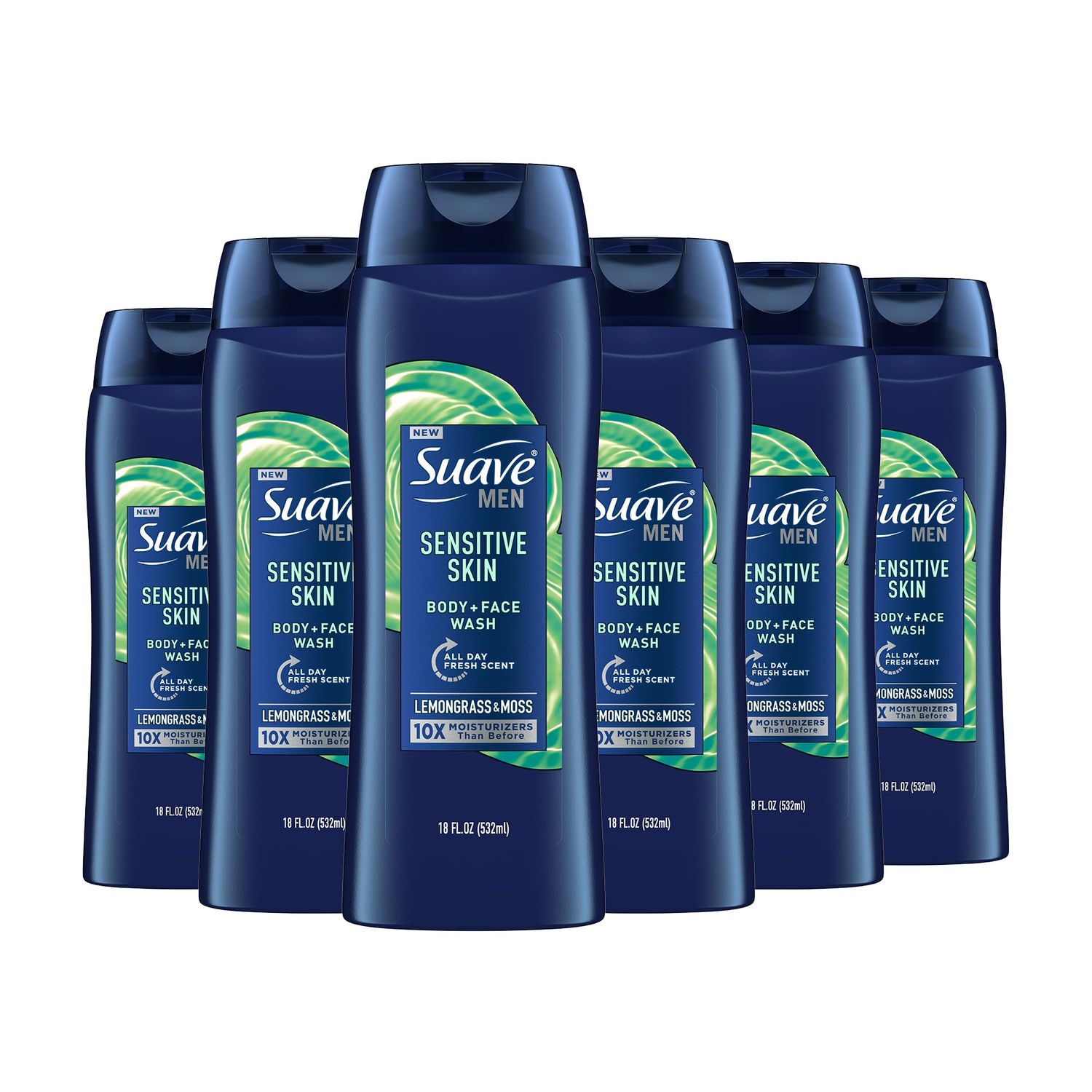 Suave Men Moisturizing Body &amp; Face Wash for Sensitive Skin, Lemongrass scent, No Parabens, No Phtahaltes, 18 Oz Pack of 6