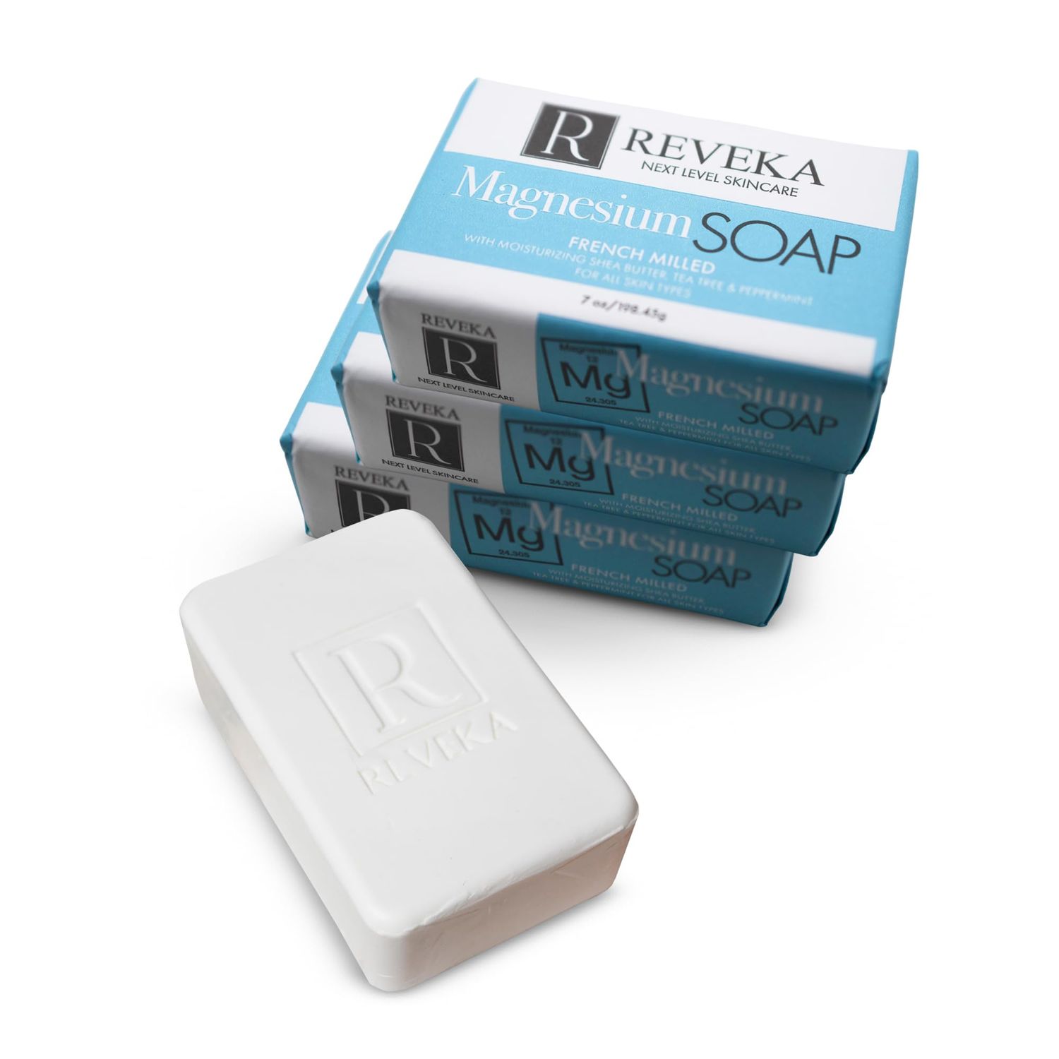 Reveka Skincare 4-Pack Magnesium Soap Bar - 4-in-1 Natural Soap Bar for Face, Body, Hair &amp; Shaving | Triple Milled Bar Soap with Shea Butter, US-Crafted Peppermint Soap, 4 Bars (7 oz. Each)